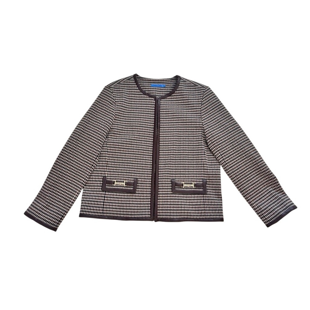 J. McLaughlin L New Cyna Houndstooth Jacket Brown Faux Leather Gold Horsebit